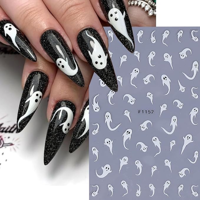 Halloween Ghost Nail Art Stickers Luminous Nail Stickers 6PCS Cute Ghost Bat Boo Halloween Nails Design 3D Self-Adhesive Nail Decals Nail Art Supplies Manicure Sliders for Women DIY Nail Decorations