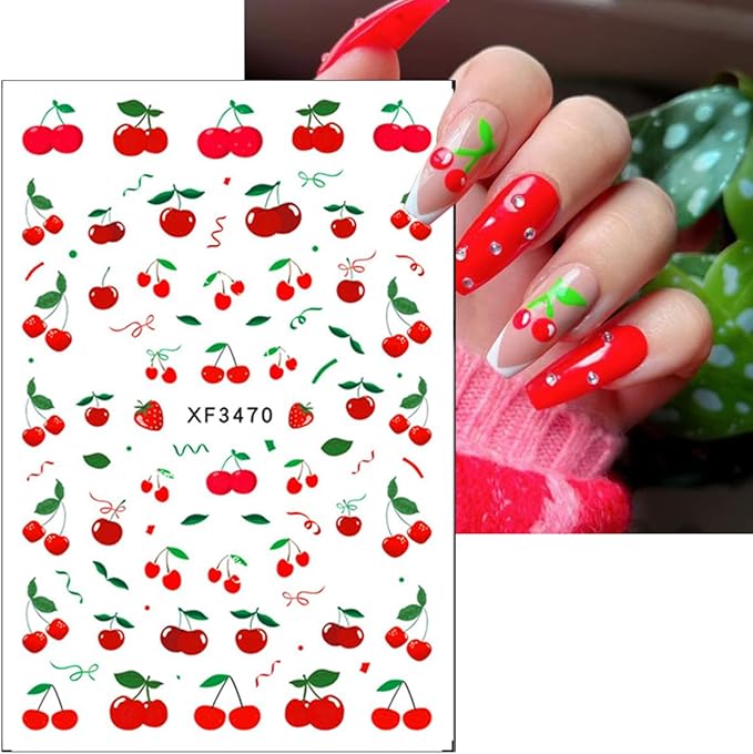 6Sheets Cherry Nail Art Stickers Decals Summer Fruit Nail Stickers 3D Self-Adhesive Strawberry Bow Nail Art Design Supplies Cute Fruits Rabbits Nail Decals for Women and Girls Acrylic Nails Decoration