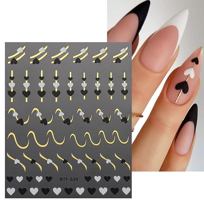 JMEOWIO 9 Sheets Heart Line Flower Nail Art Stickers Decals Self-Adhesive Pegatinas Uñas Colorful Nail Supplies Nail Art Design Decoration Accessories