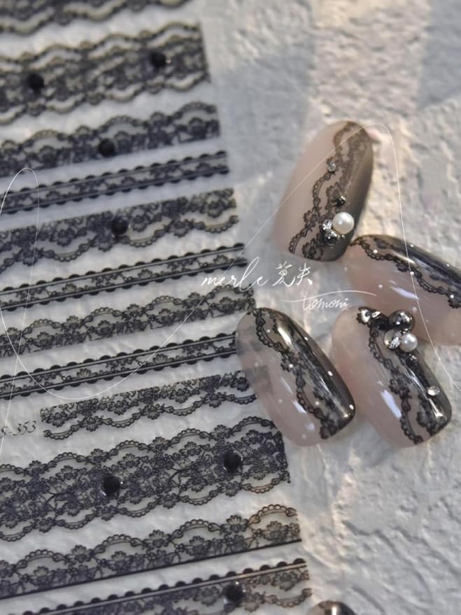 Black Lace Nail Art Stickers – Elegant 5D Embossed Strips, Premium Self-Adhesive Design for DIY Manicure, French Tips, Gothic, Minimalist Nails, Salon-Quality Stickers, Press on, Home or Salon