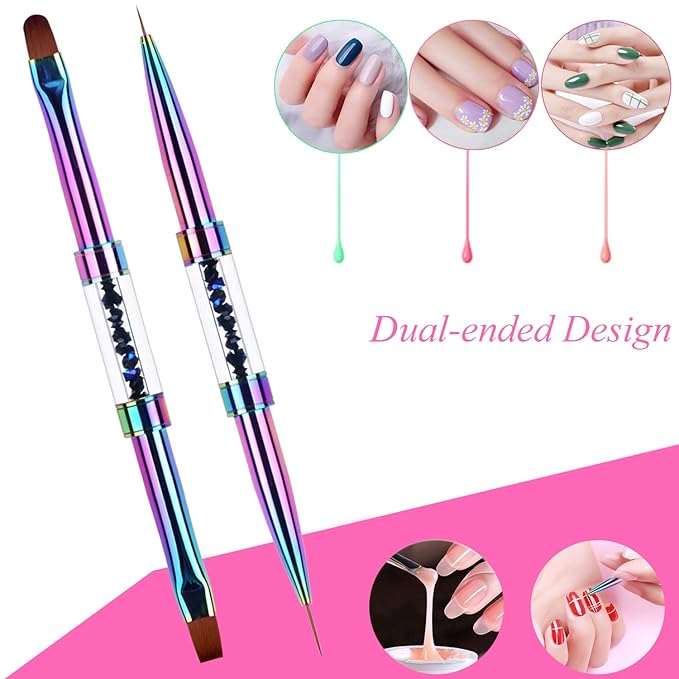 2Pcs Dual-ended Nail Design Brushes Rhinestone Handle UV Gel Nail Brush Set Professional Nail Art Tools Rainbow