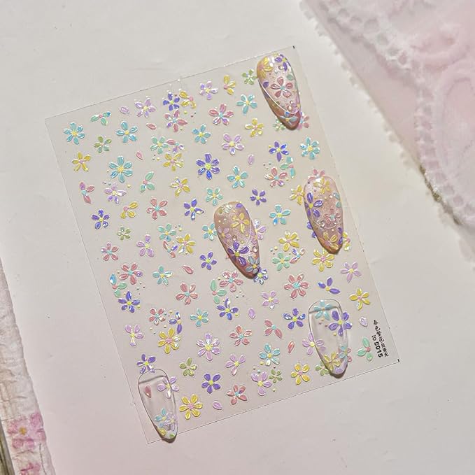 1 Sheet Colorful Flower Nail Stickers, 5D Embossed Self-Adhesive Nail Decals, Summer Glossy Floral Nail Design Stickers for Women DIY Spring Floral Manicure Decoration Supplies