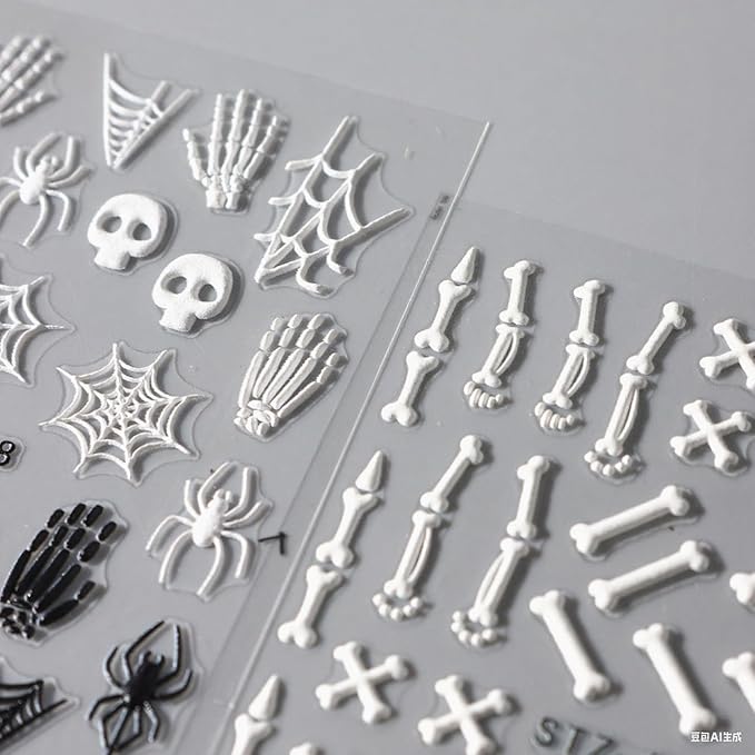 5D Halloween Nail Stickers Embossed Skeleton Spider Web Nail Decals Spooky DIY Self Adhesive Cobweb Nail Design Halloween Nail Decoration Supplies Holiday Manicure Accessories for Women Girls 3Pcs