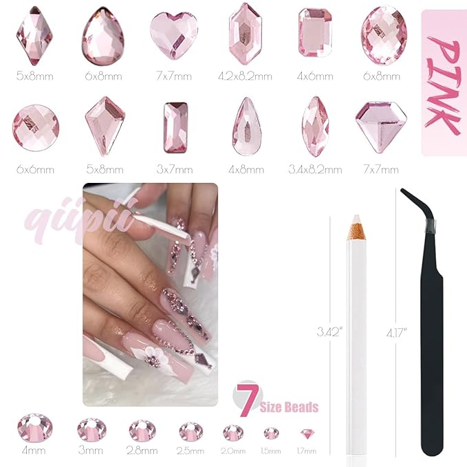3080Pcs Pink Nail Rhinestones 120 Multi Shapes Flatback Rhinestones Big Gems +2960 Light Pink Round Beads K9 Glass Stones Diamonds jewels Crystals for Nails Faces Eyes Makeup Clothes Crafts DIY