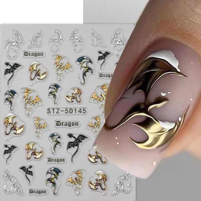 Halloween Nail Stickers 5D Metallic Dragon Snowflake Nail Art Stickers 2PCS Laser Silver Gold Bronzing 3D Fly Theme Design Self-Adhesive Winter Nail Decals Accessories for Holiday Nail Art Decorations