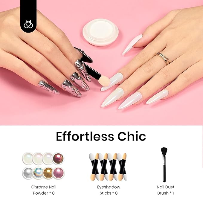 Beetles Chrome Nail Powder Gold Silver Mirror Effect 8 Colors Holographic Aurora Iridescent Pearlescent Manicure Nail Art Decoration Glitter Cromer Nail Powder for Nails 1g/Jar Gift for Women