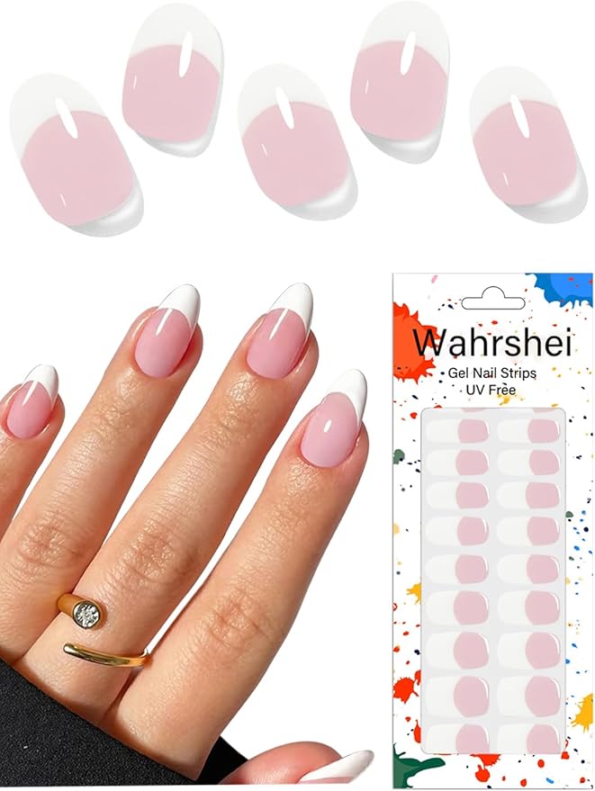 Gel Nail Strips No UV, Pink French, UV Free, Long Lasting Gel Stickers - Contains 22 Wraps, 1 Prep Pad, 1 File