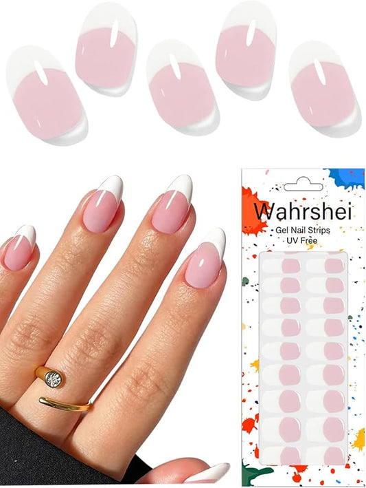 Gel Nail Strips No UV, Pink French, UV Free, Long Lasting Gel Stickers - Contains 22 Wraps, 1 Prep Pad, 1 File