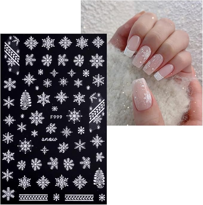 JMEOWIO 8 Sheets Christmas White Glitter Nail Art Stickers Decals Self-Adhesive Snowflake Winter Holiday Nail Supplies Nail Art Design Decoration Accessories