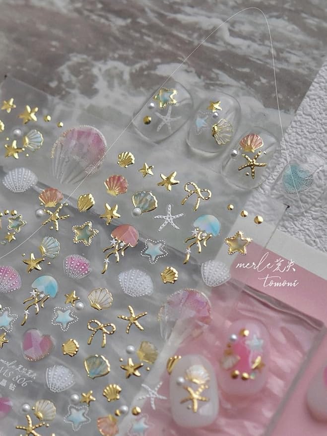 Golden Beach Seashell Nail Stickers 5D Embossed – Premium Salon-Quality Nail Charm Accessories, Easy Application & Self-Adhesive Summer Sticker for DIY Manicure, Nail Art, Press on, Home or Salon Use