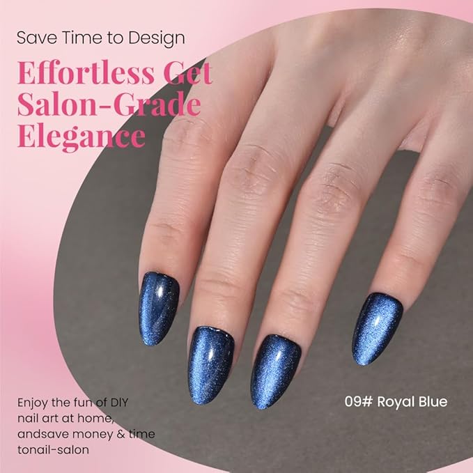 evpct Dark Blue Press on Nails Almond Short, Sapphire Royal Blue Cat Eye Glitter Press on Nails for Women Gift, Soft Gel Press Glue On Nail with Nail Glue, 60Pcs Reusable Acrylic Fake Nails Kit