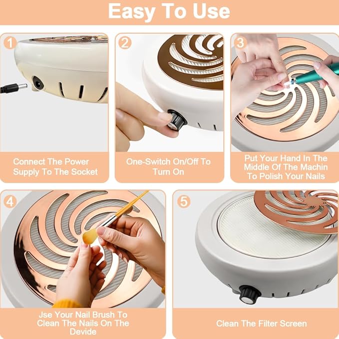 Nail Dust Collector with Cleaner Brush, Compact Nail Dust Collector for Beginner, Vacuum Nail Fan Dust Collector with Reusable Filter for Acrylic Nail Polishing, Salon, Home, Training Classes