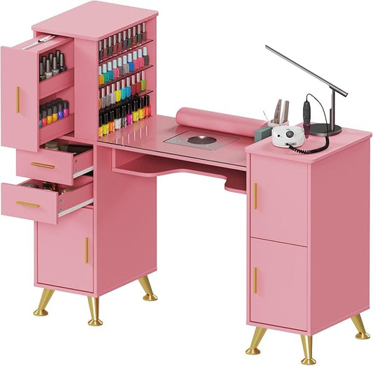 Manicure Table Nail Desk with Glass Top & Wrist Rest, Nail Station with Dust Collector & 4 Dust Bags, Beauty Salon Workstation with Storage Drawers & Cabinet (Pink)