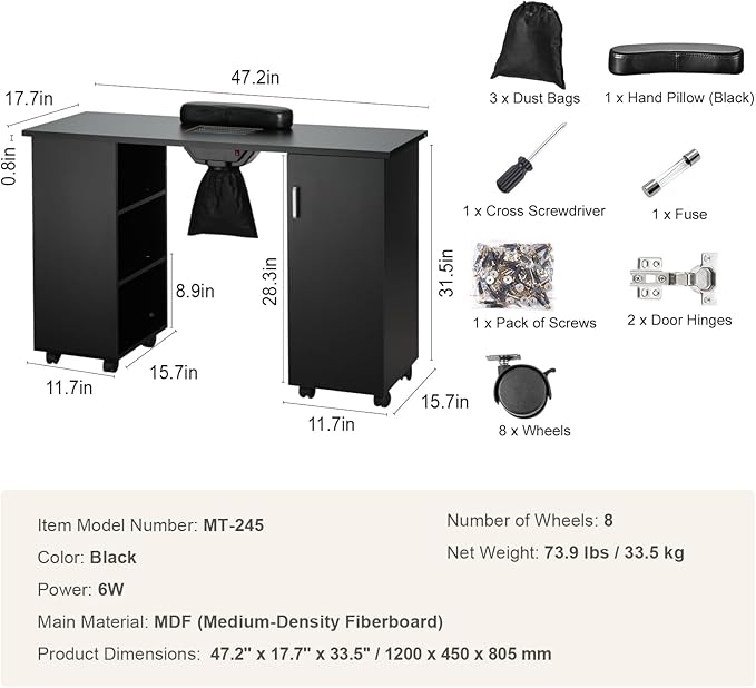 VEVOR Manicure Nail Table, Mobile Nail Station with Powerful Dust Collector, MDF Nail Tech Desk with 8 Lockable Wheels, 3 Dust Bag & Wrist Rest, Nail Art Workstation for Home Spa Beauty Salon