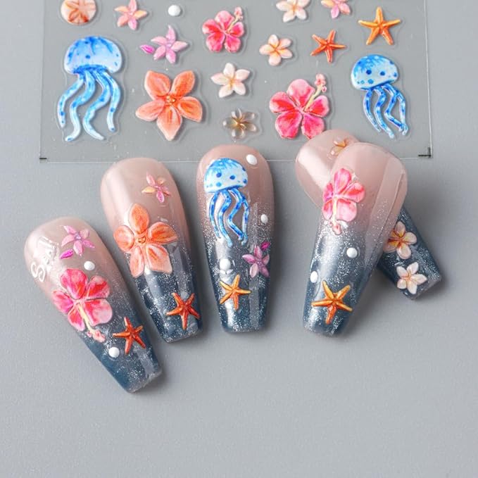 Summer Flower Nail Art Stickers Decals Jellyfish 5D Embossed Nail Decals 2PCS Flowers Starfish Jelly Design Summer Nails Adhesive Sliders Flower Sticker for Nails Women DIY Manicure Decorations Supply