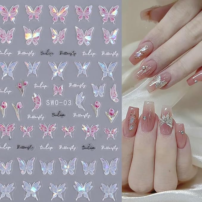 Shiny Pink Butterfly Nail Decals - 3D Self-Adhesive Nail Art Stickers - Laser Glitter Butterflies - DIY Manicure Decor