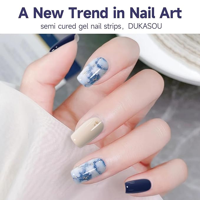 Semi Cured Gel Nail Strips,28 Pcs Gel Nail Stickers Wraps(Ocean Blue),Long Lasting Stickers Works with Any UV Light, Easy to Apply