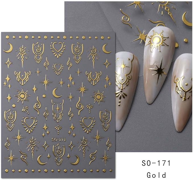 12 Sheets Metallic Nail Stickers Sun Star Nail Art Stickers 3D Self-Adhesive Shiny Laser Gold Silver Moon Rose Nail Decals Holographic Laser Glitter Nail Sticker for Women Nails Manicure Decorations