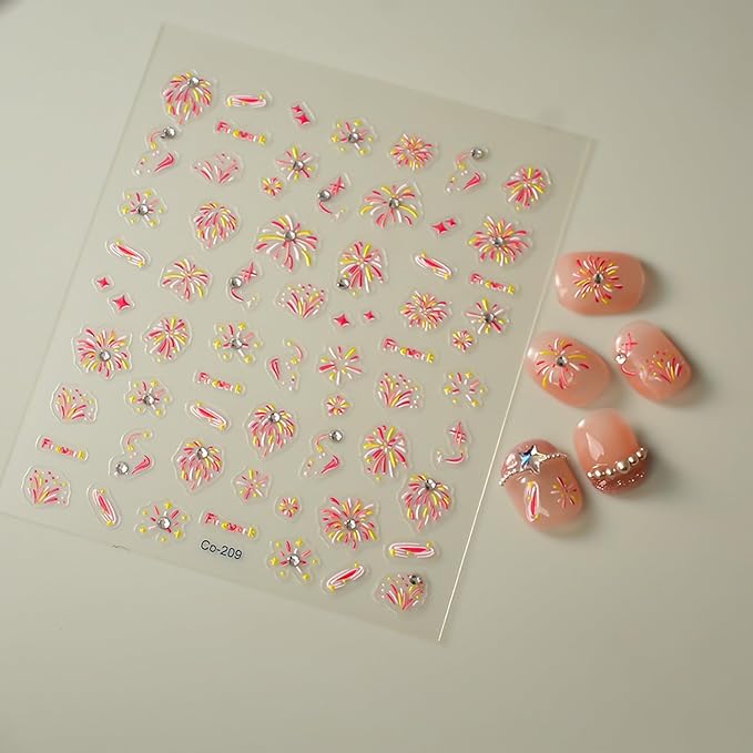 Colorful Fireworks Nail Stickers for Nail Art Embossed Fireworks Nail Art Stickers 5D Adhesive Glitter Rhinestones Fireworks Nail Decals Cute Fireworks Star Nail Supplies for Women DIY Manicure Decor