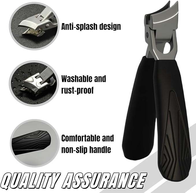 [2+1Pieces] Long Handle Wide Jaw Opening Anti-Splash Slanted Portable Nail Clipper for Thick Nails,Heavy Duty Ingrown Toenail Clippers Nail Cutters,Suitable for Men, Women, and The Elderly - Black