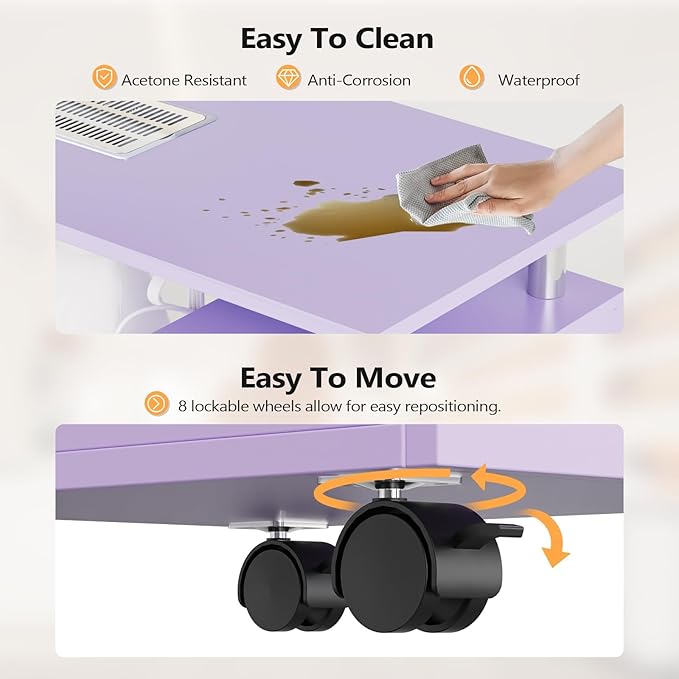 OmySalon Nail Desk and Chair Set, Manicure Table with Dust Collector, Arm Rest, 8 Wheels, Acetone Resistant Desktop, Drawers & Cabinet Storage for Makeup Beauty Salon (Lavender)