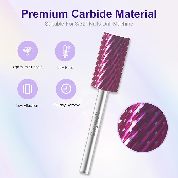 3/32" Large Barrel Bit Tungsten Carbide Nail Drill Bit Safety Bit for Gel & Acrylic Removal, 2- Way Rotating Efile Tip, Salon Electric File Accessory (XC Girt, Purple)