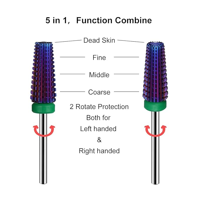 Lavinda 5 in 1 Coarse Grit Nail Drill Bit Heavy Duty Carbide Tungsten for Fast Acrylic Gel Removal Left Right Hand Use Pro Nail Tech Tool 3/32" (Coarse, Purple)