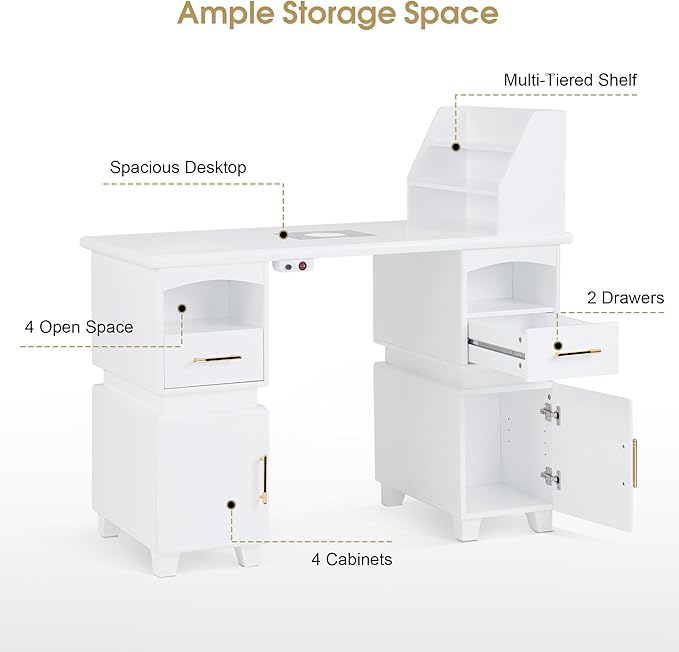 BarberPub Professional Nail Station Desk Manicure Table with Electric Dust Collector, Nail Makeup Desk with Shelves, Storage Beauty Salon Workstation with 4 Drawers Storage Cabinets VC258 (White)