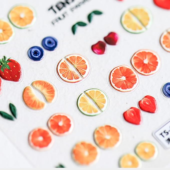 Summer Fruit Nail Art Stickers Decals 5D Embossed Fruit Nail Decals 1PCS Orange Lemon Strawberry Blueberry Summer Nails Design Engraved Stickers Manicure Nail Art Supplies for Women Nail Decorations