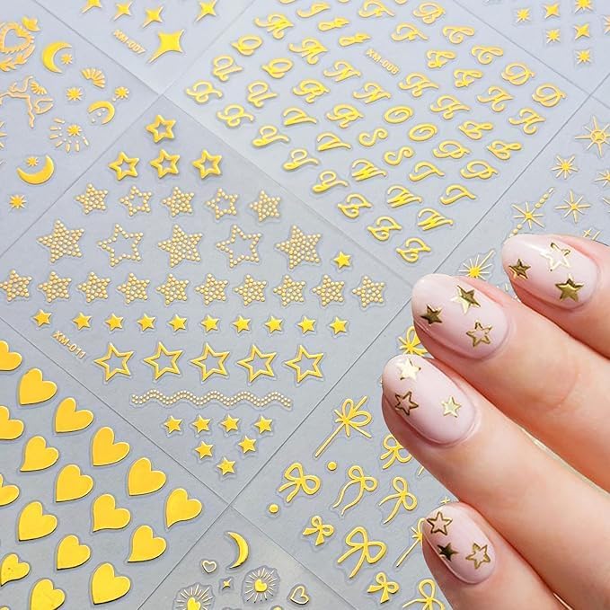 30 Sheets Gold Nail Stickers Star Nail Art Stickers 3D Embossed Self Adhesive Nail Decals Moon Letter Bow Nails Design Summer Nail Art Decals for Women Manicure DIY Decoration