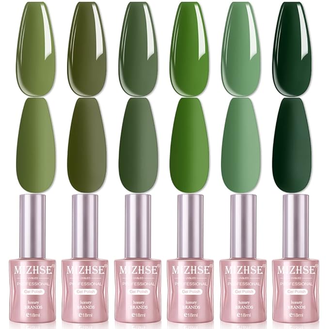 MIZHSE Green Gel Nail Polish Set, Avocado Green Gel Polish, 18ml*6 Colors Olive Neon Green U V/LED Needed, Gel Nail Kit with Gift Box Soak Off Gel for Nail Salon