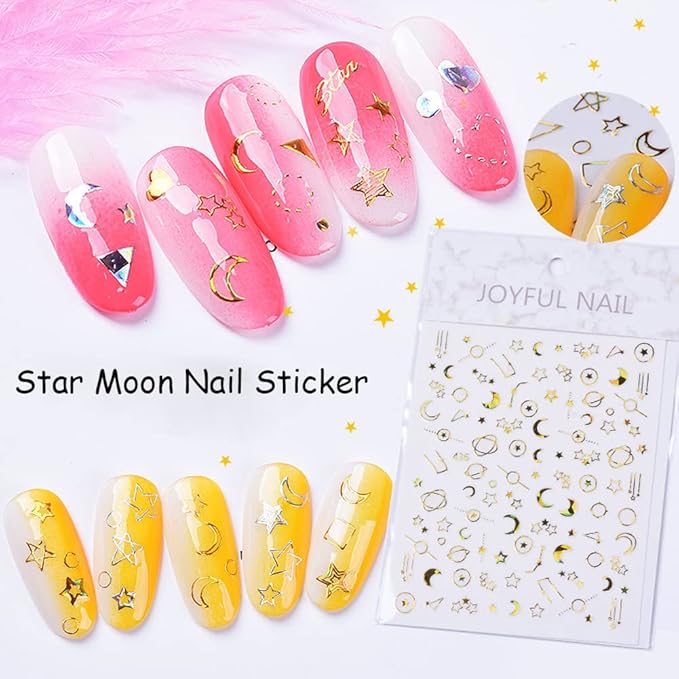 11 Sheets Gold Nail Art Stickers Decal,Stars Moon Nail Decals 3D Self-Adhesive Nail Art Supplies Metallic Stars Moon Planet Heart Glitter Nail Designs Sticker for Women DIY Acrylic Nails Decorations