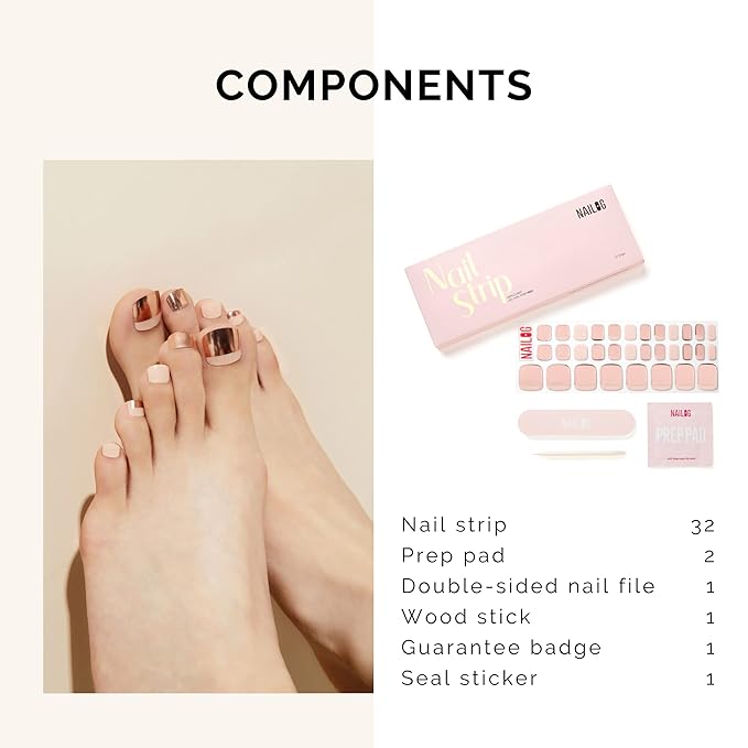 NAILOG Semi Cured Gel Nail Strips, Toe Nail Polish Strips with Glossy Gel Finishing | Buy 3 Get 1 UV Lamp| 32 Pieces Long Lasting Pedi Stickers | White