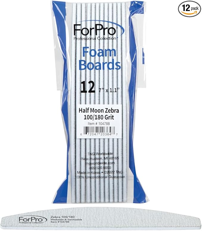 ForPro Professional Collection Half Moon Foam Boards, Zebra, 100/180 Grit, Double-Sided Manicure and Pedicure Nail Files, 7” L x 1.1” W, 12-Count (Pack of 12)