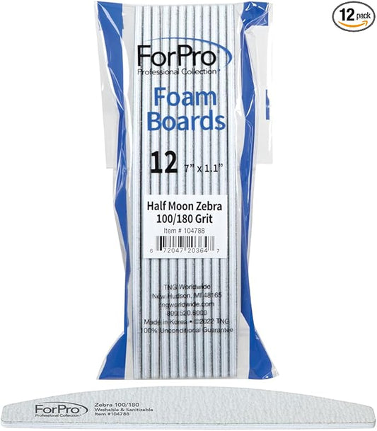 ForPro Professional Collection Half Moon Foam Boards, Zebra, 100/180 Grit, Double-Sided Manicure and Pedicure Nail Files, 7” L x 1.1” W, 12-Count (Pack of 12)