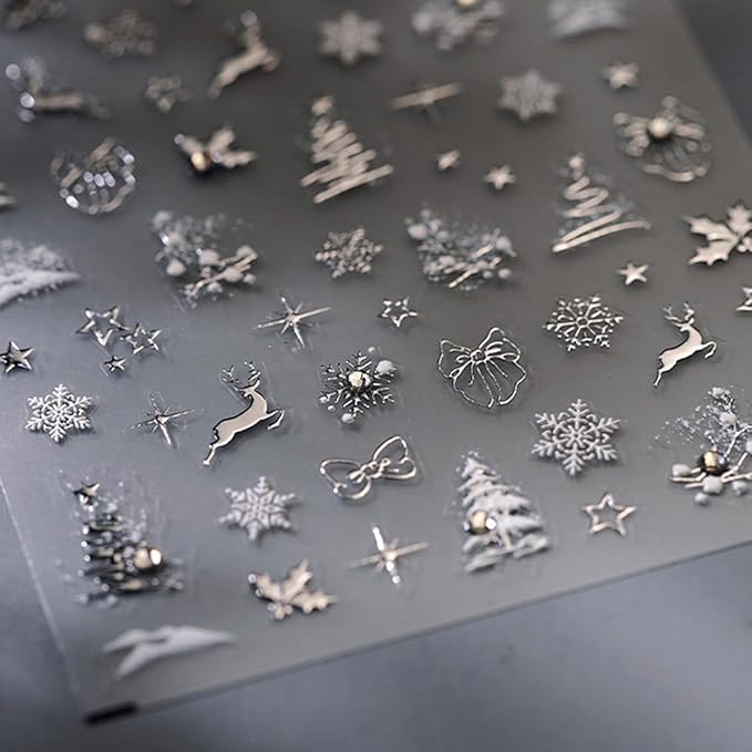 Christmas Nail Art Stickers 5D Embossed Christmas Nail Decals with Rhinestone 1PCS Silver Deer Xmas Tree Snowflake Xmas Nails Design Manicure Sticker Accessories for Women Holiday DIY Nail Decorations