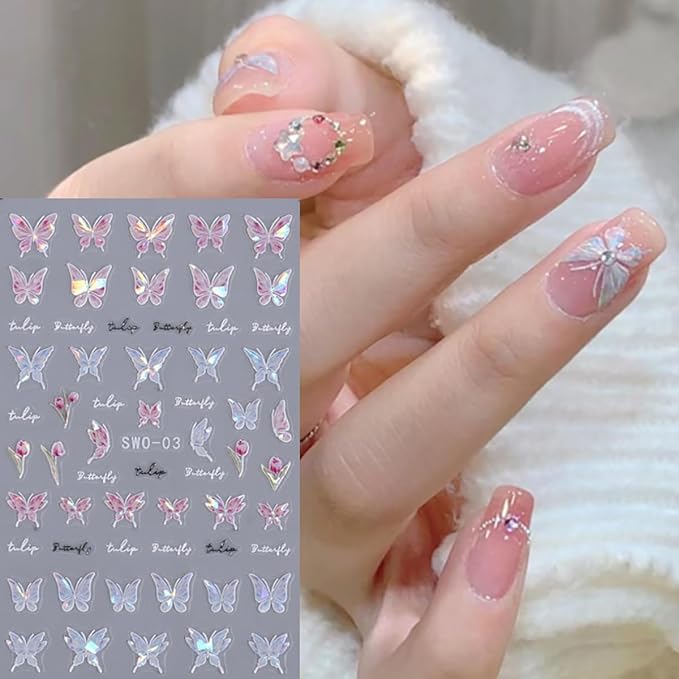 Shiny Pink Butterfly Nail Decals - 3D Self-Adhesive Nail Art Stickers - Laser Glitter Butterflies - DIY Manicure Decor