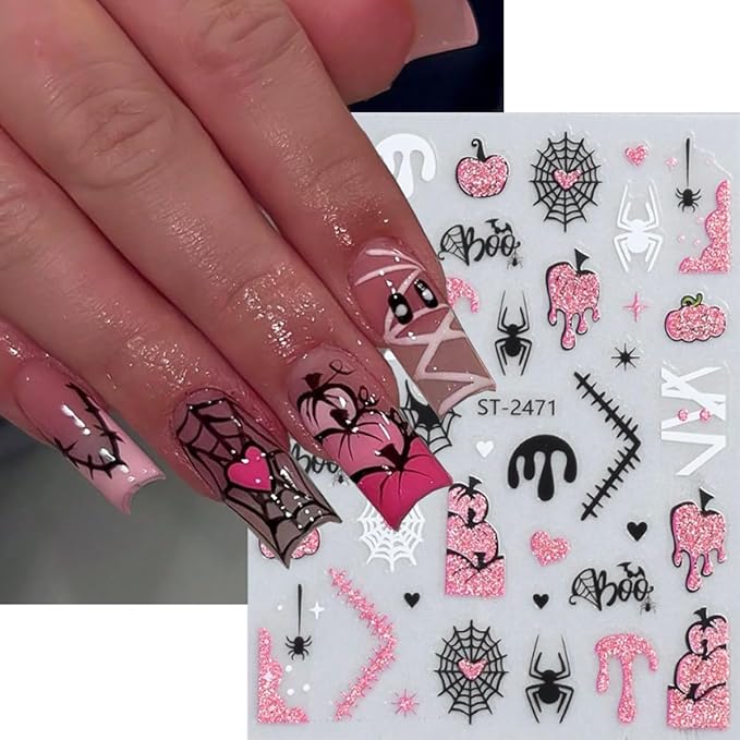 6 Sheets Halloween Nail Art Stickers Glitter Pink Nail Stickers Spider Web Nail Decals Pumpkin Line French Tips Heart Design Ghost Nail Sticker for Nail Art for Women DIY Holiday Manicure Supplies