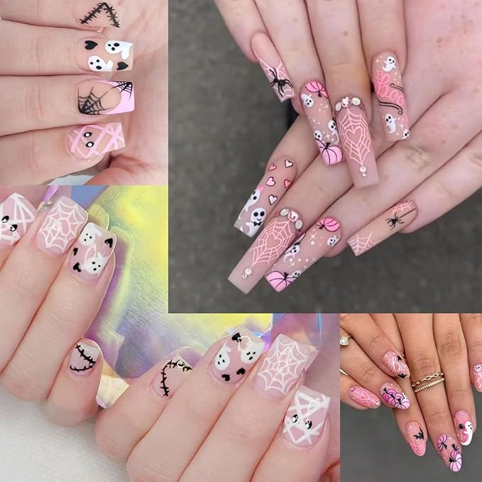 8 Sheets Nail Cute Ghost Nail Stickers for Nail Art 3D Self-Adhesive Pink Spider Web Pumpkin French Nail Art Decals Halloween Nail Art Supplies Goth Eye Starlight Nail Decals for Women DIY Manicure