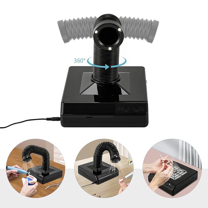 60W Nail Dust Collector, Dental Model Polishing Dust Collector Dust Collector Fan Vacuum Cleaner with Fan and LED Dual Function (Black)