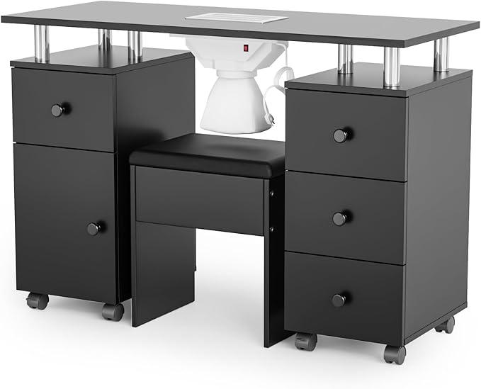 OmySalon Nail Desk and Chair Set, Manicure Table with Dust Collector, Arm Rest, 8 Wheels, Acetone Resistant Desktop, Drawers & Cabinet Storage for Makeup Beauty Salon (Black)
