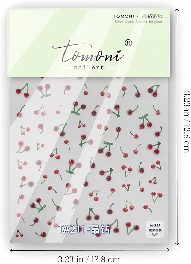 SoftSoul Cherry Nail Stickers, 5D Embossed Rhinestones - Premium Salon-Quality, Easy Application, Self-Adhesive French Tip Red Cherries for DIY Manicure Nail Art