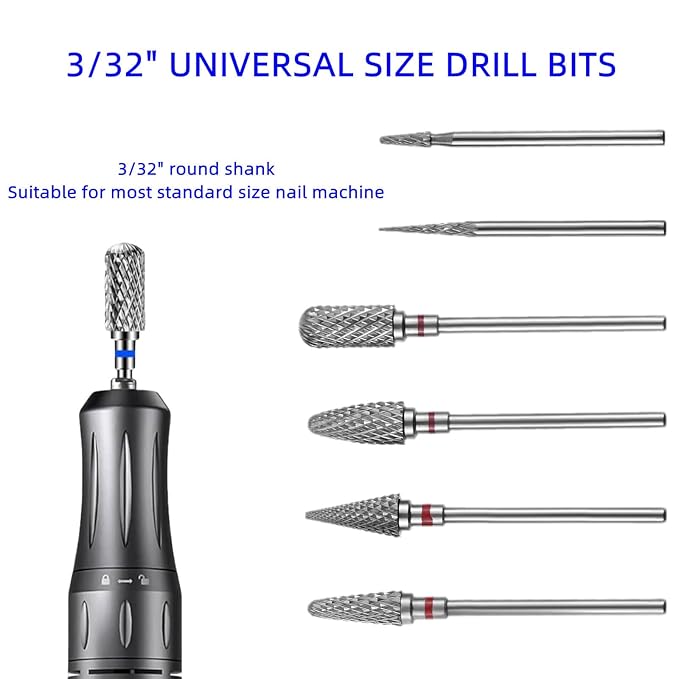 dophee 6 Pack Nail Drill Bits Set for Acrylic Nails, 3/32" Shank Electric Nail Grinding Head Polishing Remover Tool for Nail Art Salon Cuticle Cleaner, Fine Grit, Red