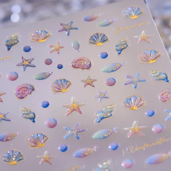 5D Embossed Ocean Nail Art Stickers Decals Self Adhesive Seashell Starfish Nail Decals Sea Creature Designs Summer Nail Stickers Marine Life Manicure Sliders for Women DIY Nail Art Decorations