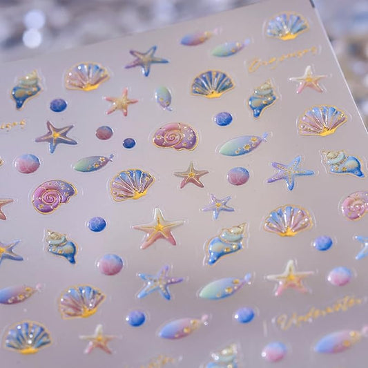 5D Embossed Ocean Nail Art Stickers Decals Self Adhesive Seashell Starfish Nail Decals Sea Creature Designs Summer Nail Stickers Marine Life Manicure Sliders for Women DIY Nail Art Decorations