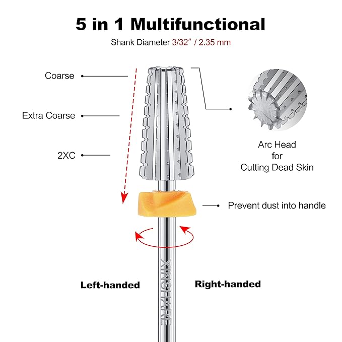 5 in 1 Nail Drill Bits 3/32" Carbide Bits Fast Remove Acrylic or Hard Gel Polishing Suitable for Manicure Pedicure Nail Art Cuticle Bits Both Left and Right Handed Two Way Rotate 2XC
