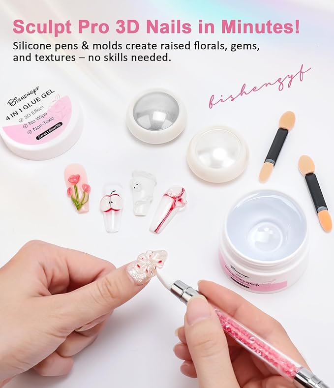 Solid Builder Gel and Chrome Nail Powder Kit BISHENGYF: 4 In 1 No Wipe 3d Sculpting Nail Gel Silver Aurora White Pearl Chrome Nail Powder Clear Non-Sticky Hand Extension Glue for Nail Decoration 30g
