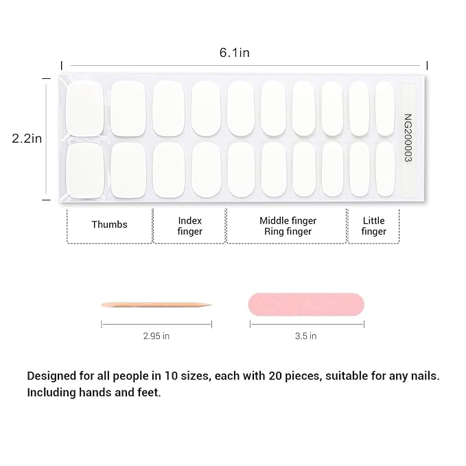 20pcs Semi Cured Gel Nail Strips, Real Nail Polish Art Stickers, Pure White Gel Nail Stickers - Work with Any UV Lamp, Long Lasting Full Wraps with Nails File and Stick