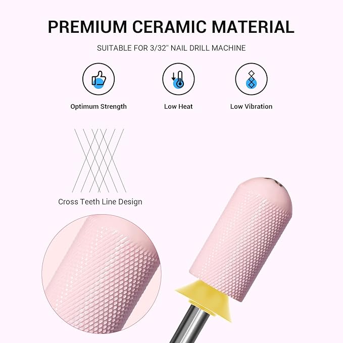 MelodySusie Ceramic Nail Drill Bit, 3/32'' Smooth Round Top Large Barrel Bits, Suitable for Manicure Pedicure Cuticle Gel Polishing, Beginners Bits, Pink, Series Bit-S, Extra Fine