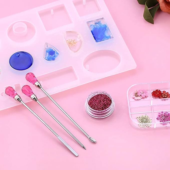 MSDADA 11 Pcs Silicone Resin Mold Tools Set Stirring Needle Spoon Tool Tweezers Precision Kit, Anti-Static Electronics Tweezers Set for Resin Art Crafts,Jewelry Making(Rose Red+White)